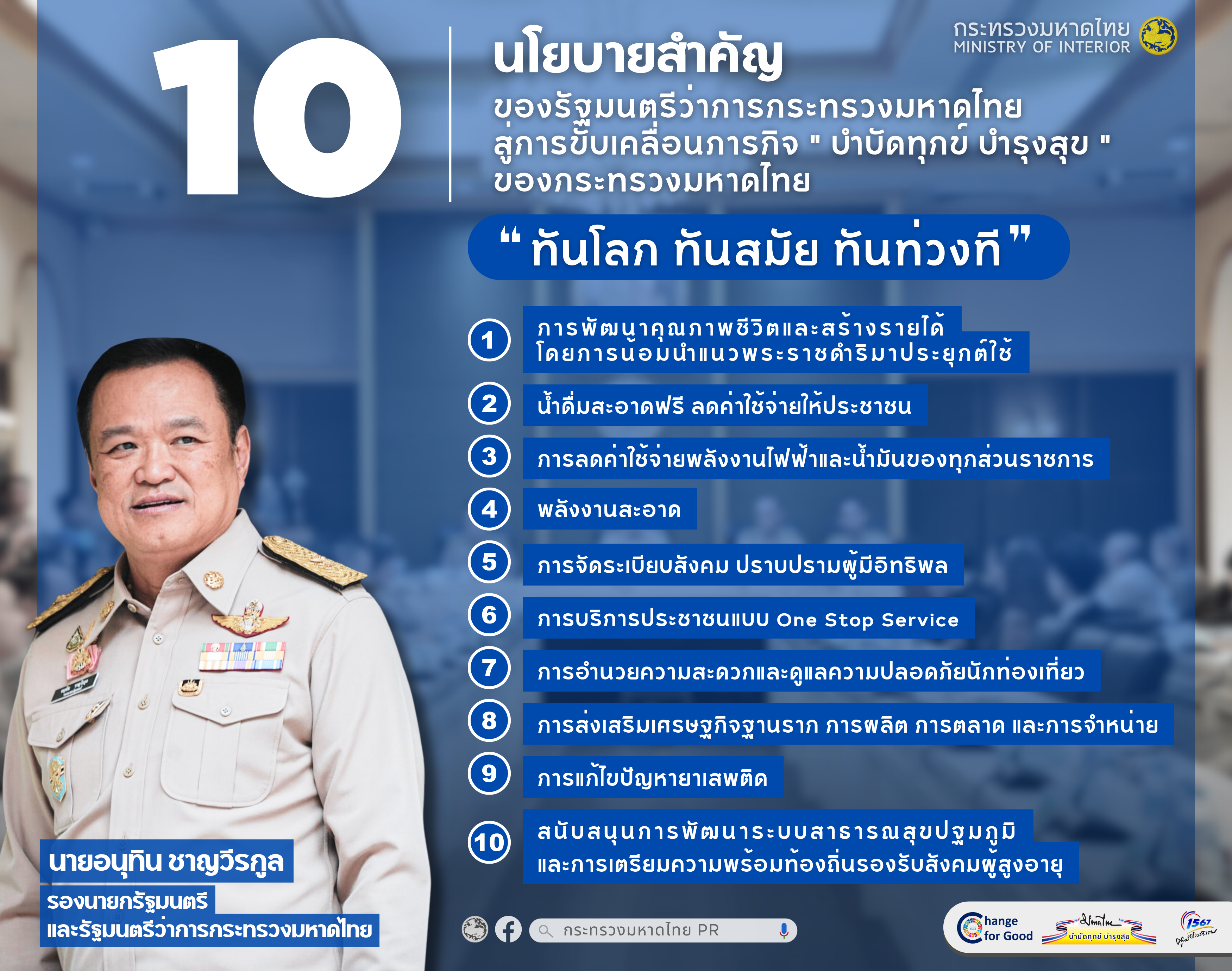 วันที่ 18 ก.ย. 66 นายอนุทิน ชาญวีรกูล รัฐมนตรีว่าการกระทรวงมหาดไทย ประชุมขับเคลื่อนนโยบายของรัฐบาลและภารกิจสำคัญของกระทรวงมหาดไทย พร้อมด้วยนายเกรียง กัลป์ตินันท์ นายทรงศักดิ์ ทองศรี นายชาดา ไทยเศรษฐ์ รัฐมนตรีช่วยว่าการกระทรวงมหาดไทย และผู้บริหารระดับสูงกระทรวงมหาดไทย ณ อาคาร Convention Center โรงแรม รามา การ์เด้นส์  พร้อมมอบนโยบายเพื่อเป็นกรอบการทำงาน ขับเคลื่อนนโยบายต่างๆ ทั้ง 10 ด้าน ได้แก่     การพัฒนาคุณภาพชีวิตและสร้างรายได้ โดยการน้อมนำแนวพระราชดำริมาประยุกต์ใช้ รวมไปถึงการสร้างงาน สร้างรายได้ให้กับพี่น้องประชาชน     น้ำดื่มสะอาดฟรีลดค่าใช้จ่ายให้ประชาชน ขอให้การประปานครหลวง การประปาส่วนภูมิภาค และองค์กรปกครองส่วนท้องถิ่น ปรับภารกิจจากเดิมที่ผลิตน้ำประปาเพื่อการอุปโภค (น้ำใช้) ให้เพิ่มการผลิตน้ำประปาสะอาดดื่มได้     ลดค่าใช้จ่ายพลังงานไฟฟ้าและน้ำมันของทุกส่วนราชการ เน้นการสร้างต้นแบบ ให้ประชาชนได้เห็นตัวอย่างของการใช้พลังงานทางเลือก ด้วยการส่งเสริมการติดตั้ง Solar Cell / Solar Rooftop ในสถานที่ราชการในสังกัดกระทรวงมหาดไทย และองค์กรปกครองส่วนท้องถิ่น     ส่งเสริมการใช้พลังงานสะอาด สนับสนุนให้มีการติดตั้ง พลังงานแสงอาทิตย์ (Solar Cell) ในที่อยู่อาศัย เพื่อเป็นการลดค่าใช้จ่าย กระแสไฟฟ้าให้กับประชาชน รวมไปถึงการเพิ่มรายได้ จากการจำหน่ายกระแสไฟฟ้าส่วนเกินที่ผลิตได้ให้แก่รัฐ     จัดระเบียบสังคม ปราบปรามผู้มีอิทธิพล ในที่นี้ หมายถึงคนที่ใช้อำนาจที่ตนมีในทางมิชอบ ไม่ว่าจะอำนาจเงิน หรืออำนาจจากสายสัมพันธ์ต่างๆ     บริการประชาชนแบบ one stop service นำเทคโนโลยีดิจิทัล ที่ทันสมัยมาใช้ ในการปฏิบัติราชการ การทำธุรกรรม เพิ่มประสิทธิภาพและความโปร่งใส     อำนวยความสะดวกและดูแลความปลอดภัยนักท่องเที่ยว ส่งเสริมให้จังหวัด อำเภอ และองค์กรปกครองส่วนท้องถิ่น วางแผนการพัฒนาแหล่งท่องเที่ยว โดยบูรณาการจากทุกภาคส่วนในพื้นที่     เสริมเศรษฐกิจฐานราก การผลิต การตลาดและการจำหน่าย กำหนดมาตรการเพื่อลดรายจ่ายในครัวเรือน เช่น การน้อมนำหลักปรัชญา เศรษฐกิจพอเพียงมาใช้ในการดำเนินชีวิต การใช้ประโยชน์จากทุนชุมชน การพักหนี้กองทุนพัฒนาบทบาทสตรี     แก้ปัญหายาเสพติด ต้องเป็นมาตรการเชิงรุก ต้องเน้นป้องกันไม่ใช่ปราบปราม และต้องกำหนดตัวชี้วัดการดำเนินงานที่ชัดเจน     สนับสนุนการพัฒนาระบบสาธารณสุขปฐมภูมิ และการเตรียมความพร้อมท้องถิ่นเพื่อรองรับสังคมผู้สูงอายุ พร้อมย้ำอยากให้ข้าราชการของกระทรวงมหาดไทยทุกคนเชื่อมั่นในตนเองและร่วมช่วยทำงานไปพร้อมกัน การที่จะดำเนินการตามนโยบายต่างๆ ได้ ต้องได้รับความร่วมมือจากทุกภาคส่วน และบรรดาผู้ว่า CEO (ผู้ว่าราชการจังหวัด) ที่ต้องทันโลก ทันสมัยและทันท่วงที ซึ่งเป็นแนวทางการทำงานที่ได้มอบไว้ตั้งแต่วันแรก (7 ก.ย. 66) ที่เข้ารับตำแหน่งรัฐมนตรีว่าการกระทรวงมหาดไทย เพื่อให้การทำงานเป็นไปอย่างราบรื่น แก้ไขปัญหาความเดือดร้อนให้กับพี่น้องประชาชนได้ตรงจุด “ทันโลก” คือ เข้าใจสถานการณ์โลก เพื่อจะรู้ผลกระทบต่อประเทศไทย และปรับตัวได้ทัน สามารถพัฒนายุทธศาสตร์ให้ประเทศของเราสามารถแข่งขันได้ และในยามที่สถานการณ์โลกผันผวน ก็สามารถพึ่งพาตนเองได้ “ทันสมัย” คือ เราต้องเข้าใจบริบทที่เปลี่ยนไป ไม่ว่าจะทางเศรษฐกิจหรือสังคม เข้าใจค่านิยมของยุคสมัยใหม่ เพื่อจะสามารถเชื่อมคนทุกรุ่นเข้าด้วยกัน และสามารถใช้เทคโนโลยีให้เกิดประโยชน์สูงสุดต่อการพัฒนางานในทุกด้าน โดยเฉพาะในบริบทที่ประเทศได้เข้าสู่สังคมผู้สูงวัยแล้ว การพัฒนาศักยภาพในการผลิตและรายได้ต่อหัวเป็นสิ่งสำคัญ พรรคการเมืองที่จะนำพาประเทศให้พัฒนาได้อย่างยั่งยืน จะต้องสามารถบริหารจัดการทรัพยากรให้เกิดประสิทธิภาพสูงสุด สุดท้าย คำว่า “ทันท่วงที” หมายถึง การตัดสินใจได้อย่างแม่นยำรวดเร็ว ทันสถานการณ์ เพื่อให้รับมือกับ “วิกฤต” ได้อย่างมีประสิทธิภาพ และเมื่อมี "โอกาส" ก็คว้าได้ทันอยู่เสมอ